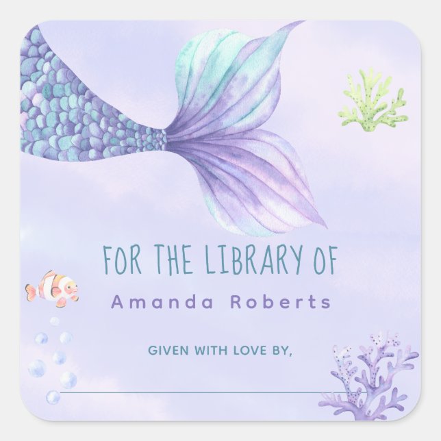 Watercolor mermaid tail - baby shower bookplate square sticker (Front)