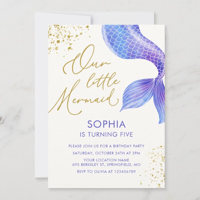 Watercolor Mermaid Tail Gold Glitter Birthday Invitation (Front)
