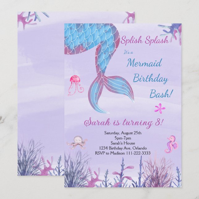 Watercolor Mermaid Tail Purple Invitation d'annive (Devant / Derrière)