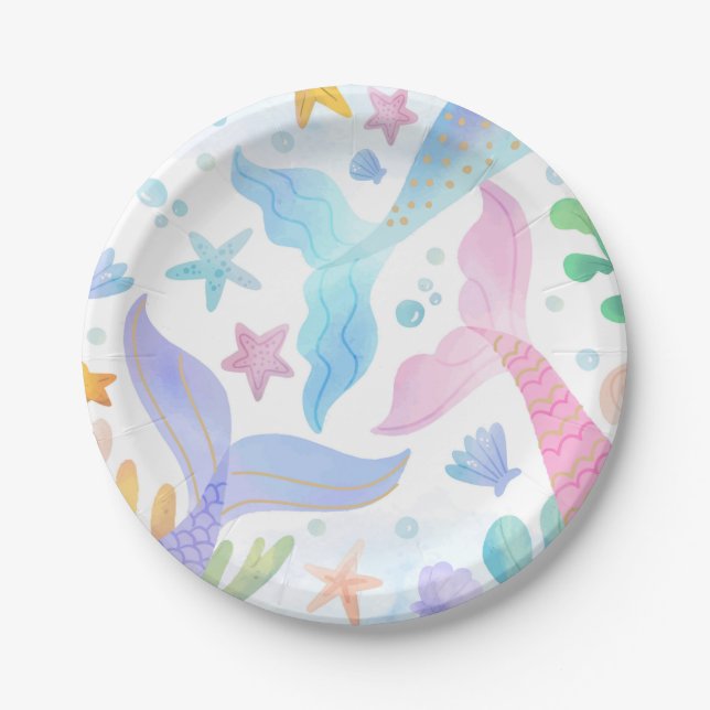 Watercolor Mermaid Tail Under The Sea Party Paper Plate (Front)