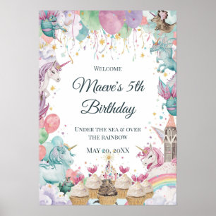 Watercolor Mermaid Unicorn Rainbow Birthday Poster
