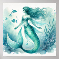 Watercolor Mermaid Wall Art Posters
