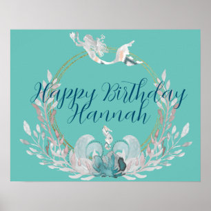 Watercolor Mermaid & Wreath Birthday Wall Print