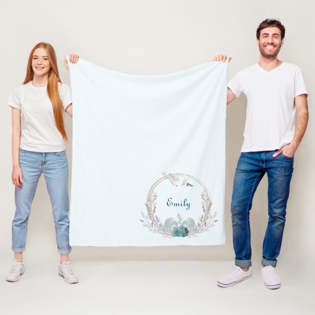 Watercolor Mermaid & Wreath Personalized  Fleece Blanket (In Situ)