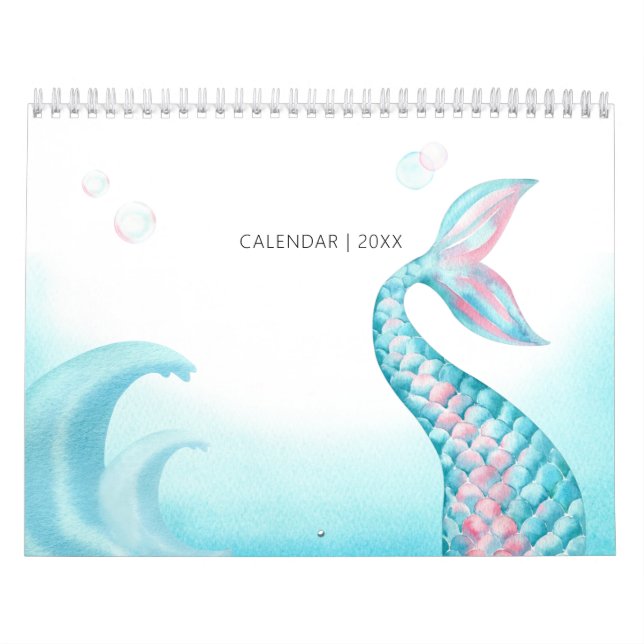 Watercolor Mermaid Yearly Kids & Family Calendar (Cover)