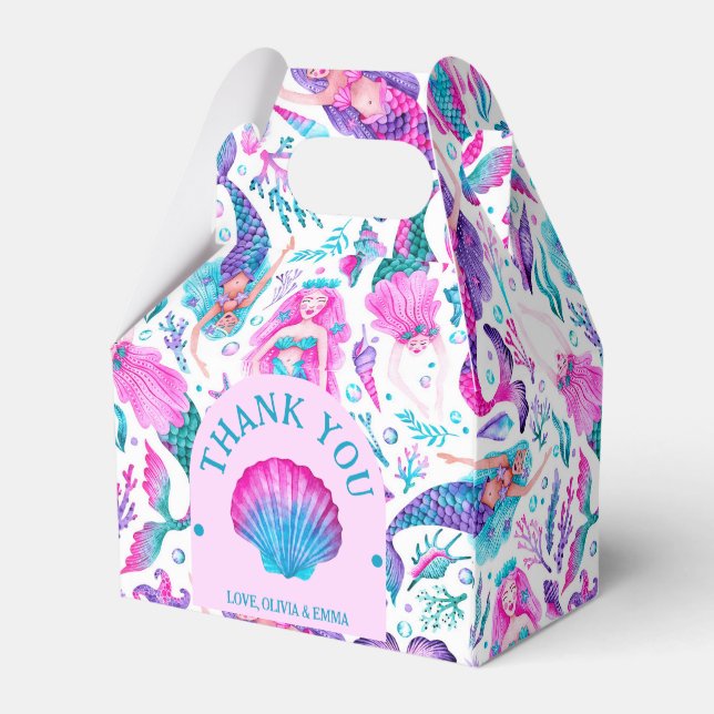 Watercolor Mermaids Joint Sisters Birthday Favor Box (Back Side)