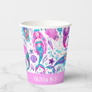Watercolor Mermaids Sea Shells + Starfish Birthday Paper Cups