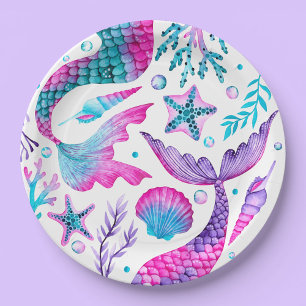 Watercolor Mermaids Tail, Sea Shells and Starfish Paper Plate