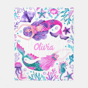 Watercolor Mermaids Under the Sea  Fleece Blanket