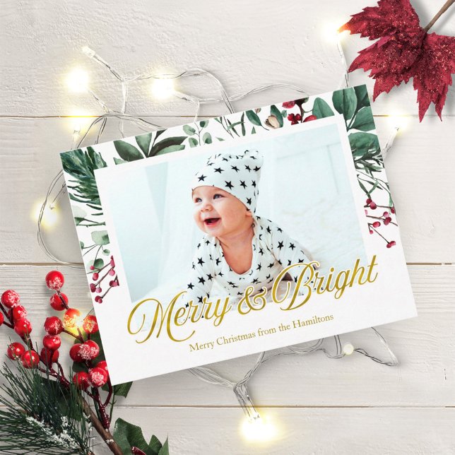Watercolor Merry And Bright Christmas Photo Postcard (Creator Uploaded)