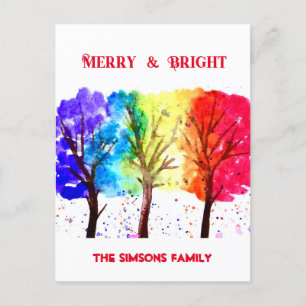 Watercolor Merry and Bright Christmas Tree  Holiday Postcard