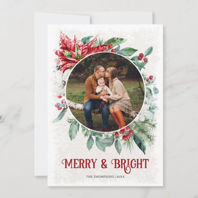 Watercolor Merry and Bright Photo Christmas Card (Front)