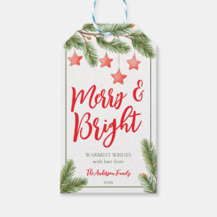 Watercolor Merry Bright Pine Tree Red Stars Custom Gift Tags