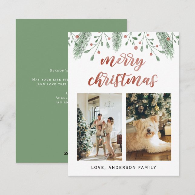 Watercolor Merry Christmas Calligraphy Two Photo Holiday Card (Front/Back)