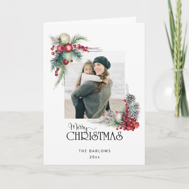 Watercolor Merry Christmas Christmas Floral Photo Holiday Card (Front)