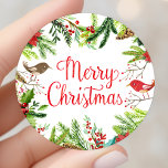 Watercolor Merry Christmas Classic Round Sticker<br><div class="desc">Beautiful watercolor "Merry Christmas" sticker. This design features watercolor birds,  poinsettias,  pine needles,  berries,  and pine cones. Perfect for your festive holiday envelopes.</div>