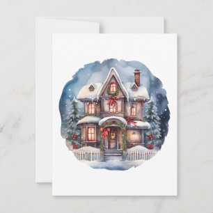 Watercolor Merry Christmas Cozy House Holiday Card