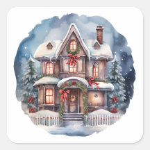 Watercolor Merry Christmas Cozy House