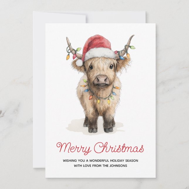 Watercolor Merry Christmas Cute Highland Cow Holiday Card (Front)