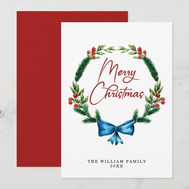 Watercolor Merry Christmas Greenery Wreath Holiday Card (Front/Back)