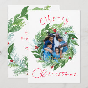 Watercolor Merry Christmas Holiday Wreath PHOTO Card