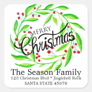 watercolor merry christmas holly address square sticker