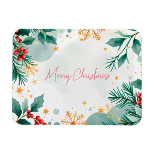 Watercolor Merry Christmas Magnet with Leaves 