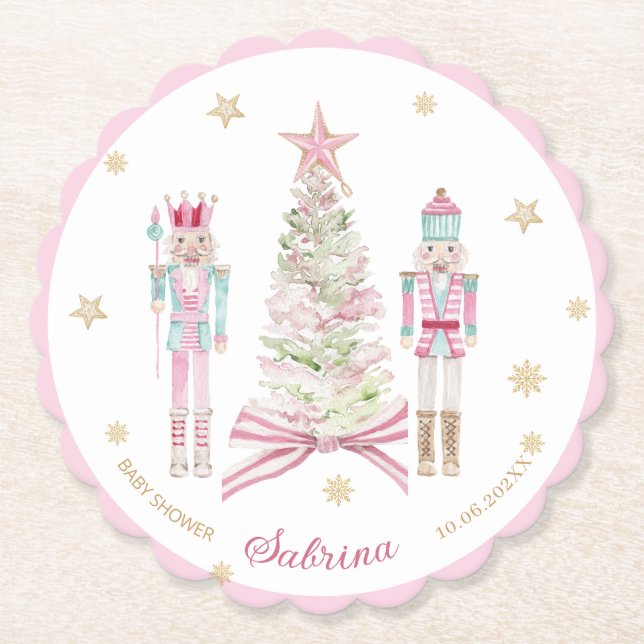  Watercolor Merry Christmas Nutcracker ballet pink Paper Coaster (Front)