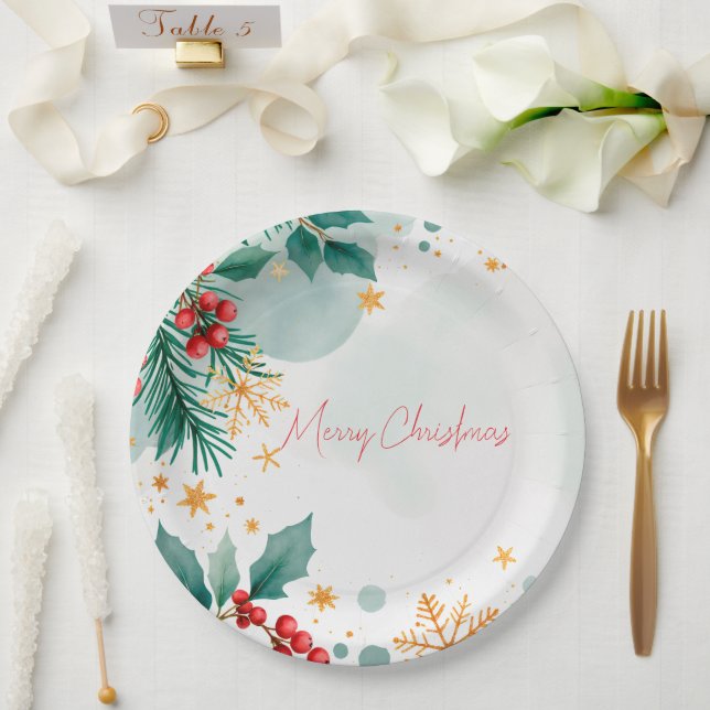 Watercolor Merry Christmas Paper Plates – Elegant  (Wedding)