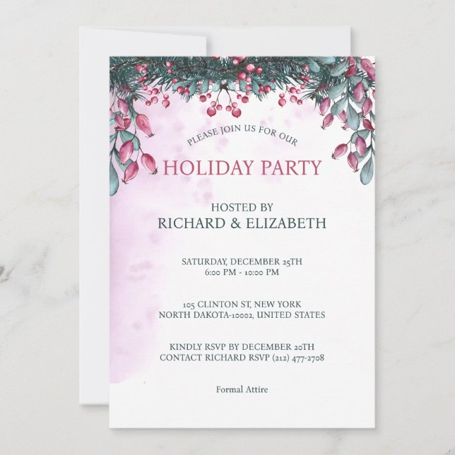 Watercolor Merry  Christmas Party Holly Festive Invitation (Front)