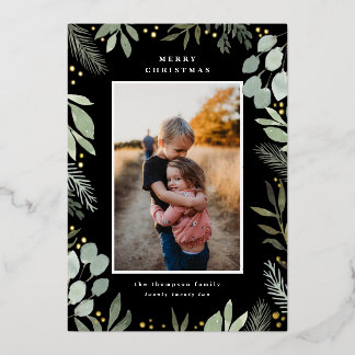 Watercolor Merry Christmas Photo Card Real Foil