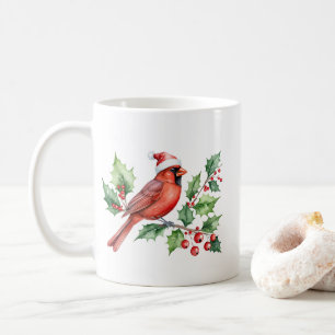 Watercolor Merry Christmas Red Cardinal & Berries Coffee Mug