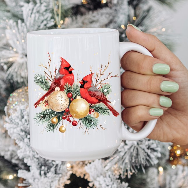 Watercolor Merry Christmas Red Cardinal & Berries Coffee Mug (Creator Uploaded)