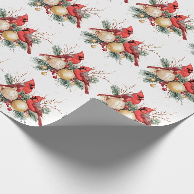 Watercolor Merry Christmas Red Cardinal & Berries  Wrapping Paper (Corner)