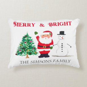 Watercolor Merry Christmas Santa Snowman Accent Pillow