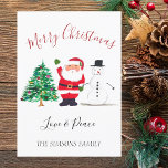 Watercolor Merry Christmas Santa Snowman  Holiday Card<br><div class="desc">Merry Christmas card. Watercolor Santa,  snowman,  Christmas tree,  non photo,  traditional card. Please personalize it with your details.</div>