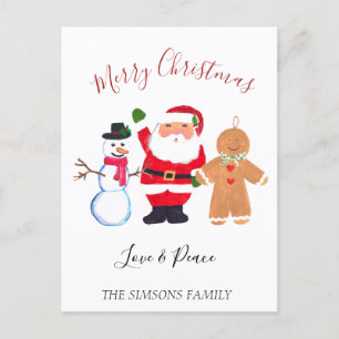 Watercolor Merry Christmas Santa Snowman Holiday Postcard