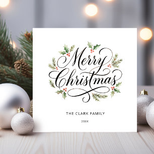 Watercolor Merry Christmas Script Botanical        Holiday Card