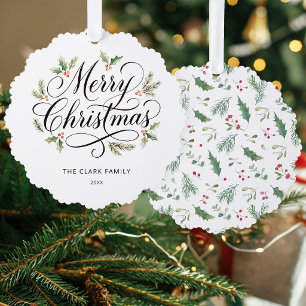 Watercolor Merry Christmas Script Botanical Ornament Card