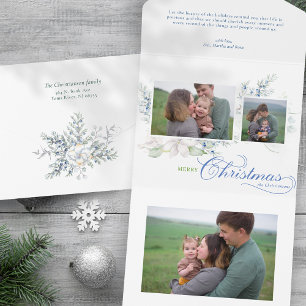 Watercolor Merry Christmas Script Juniper 3-Photo All In One Invitation