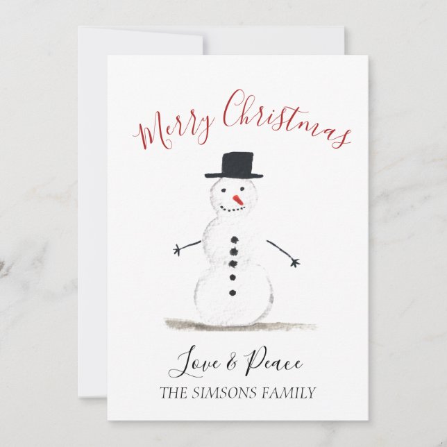 Watercolor Merry Christmas Snowman  Holiday Card (Front)