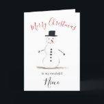 Watercolor Merry Christmas Snowman Niece Holiday Card<br><div class="desc">Merry Christmas niece card. Watercolor,  snowman,  Christmas tree,  non photo,  traditional card. Please personalize it with your details.</div>