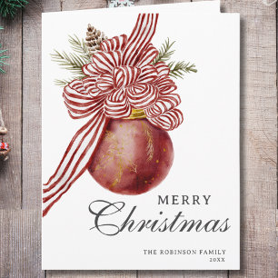 Watercolor Merry Christmas Striped Bow Ornament Card