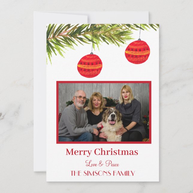 Watercolor Merry Christmas Tree Family Photo Holiday Card (Front)