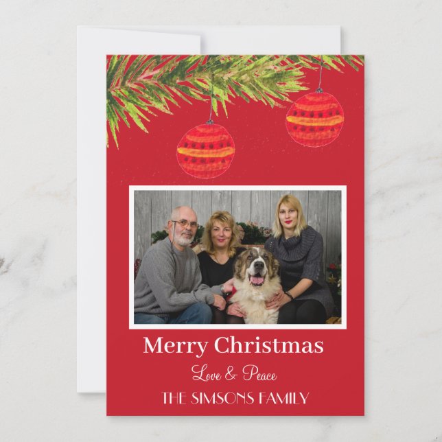 Watercolor Merry Christmas Tree Family Photo Holiday Card (Front)