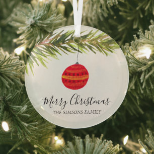 Watercolor Merry Christmas Tree Merry and bright Glass Ornament
