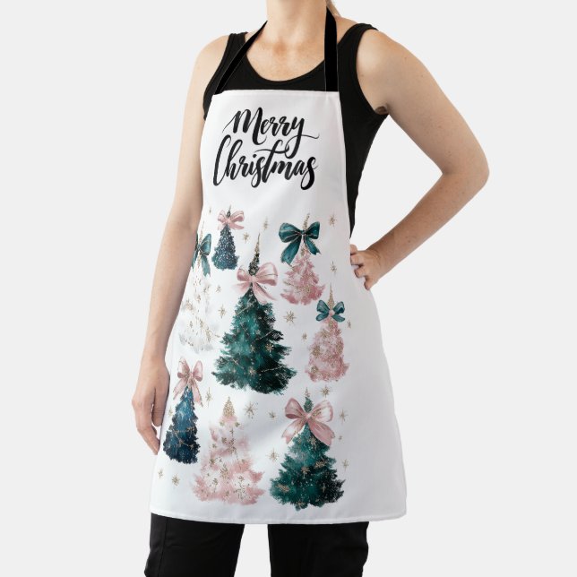 Watercolor Merry Christmas Trees | Holiday Apron (Insitu)