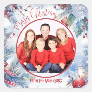 Watercolor Merry Christmas Winter Border Photo Square Sticker