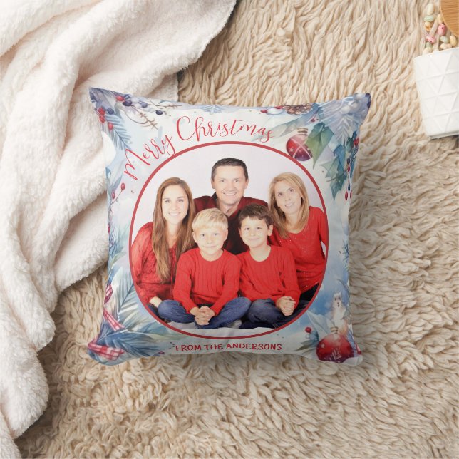 Watercolor Merry Christmas Winter Border Photo Throw Pillow (Blanket)