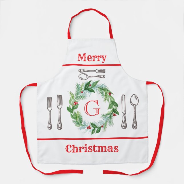 Watercolor Merry Christmas Wreath MONOGRAM Unisex Apron (Front)